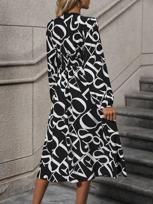 Printed Button V-Neck Long Sleeve Midi Dress