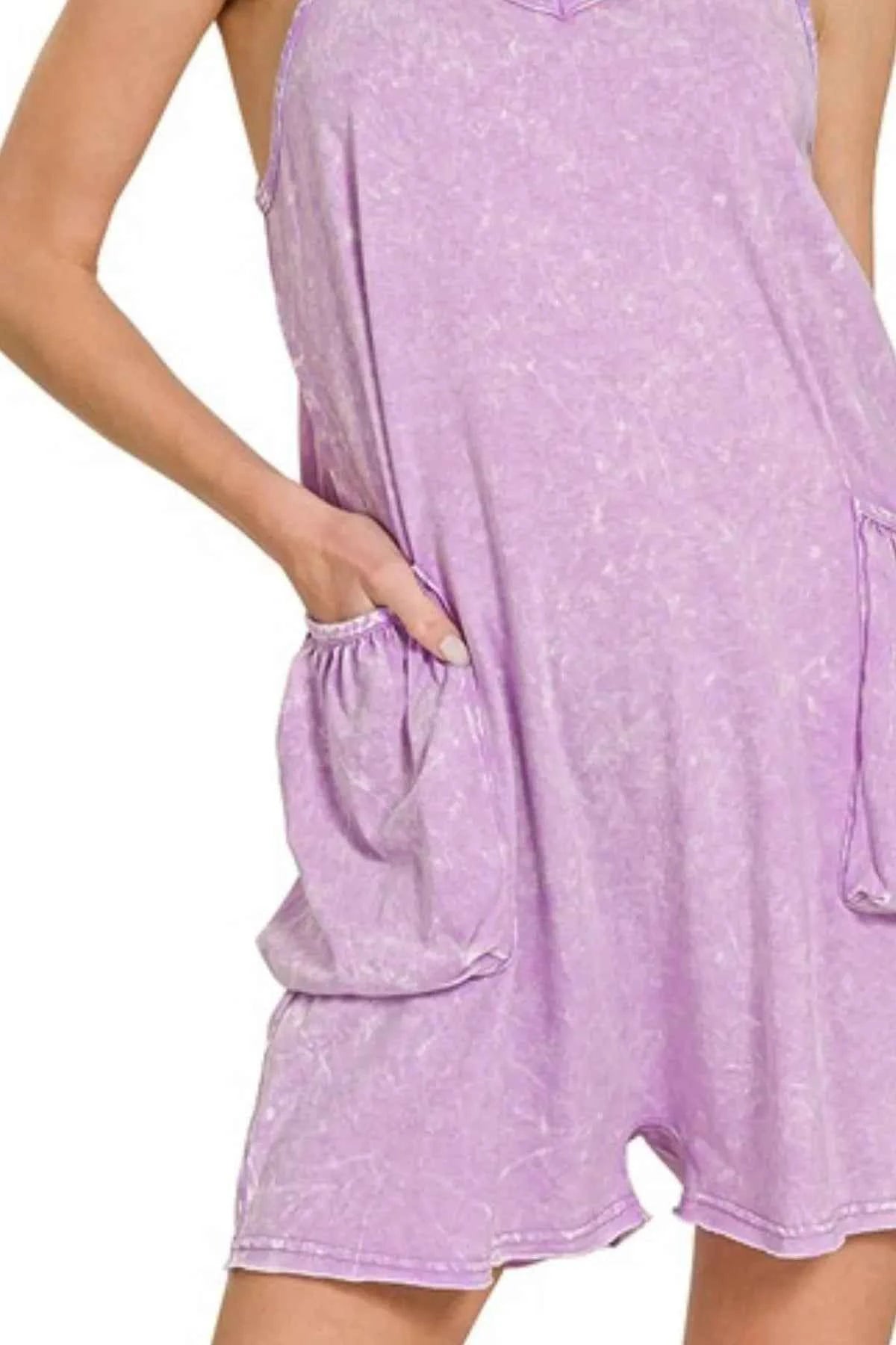 Zenana Acid Crinkle Washed Spaghetti Strap Romper