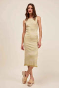 Striped Sleeveless Sweater Knit Maxi Dress with Ruffled Hem in Sage/Off White