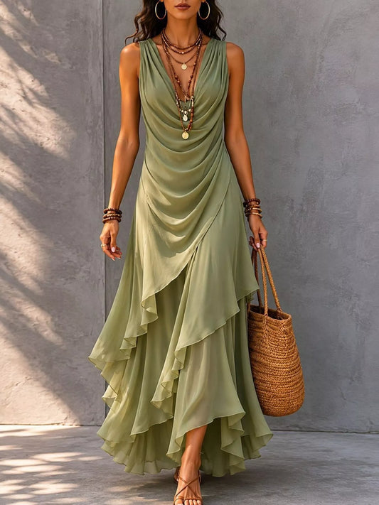 Sleeveless Layered Ruffle Hem Maxi Dress in Moss