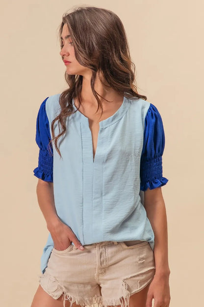 Stylish V-Neck Top with Puff Sleeves and Color Block Design — Livostyle