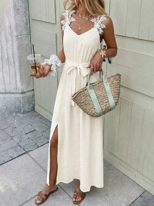 Lace Detail Slit Maxi Dress in Beige