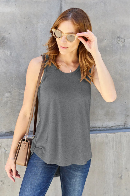 Round Neck Curved Hem Tank Top – Rayon Blend in Gray