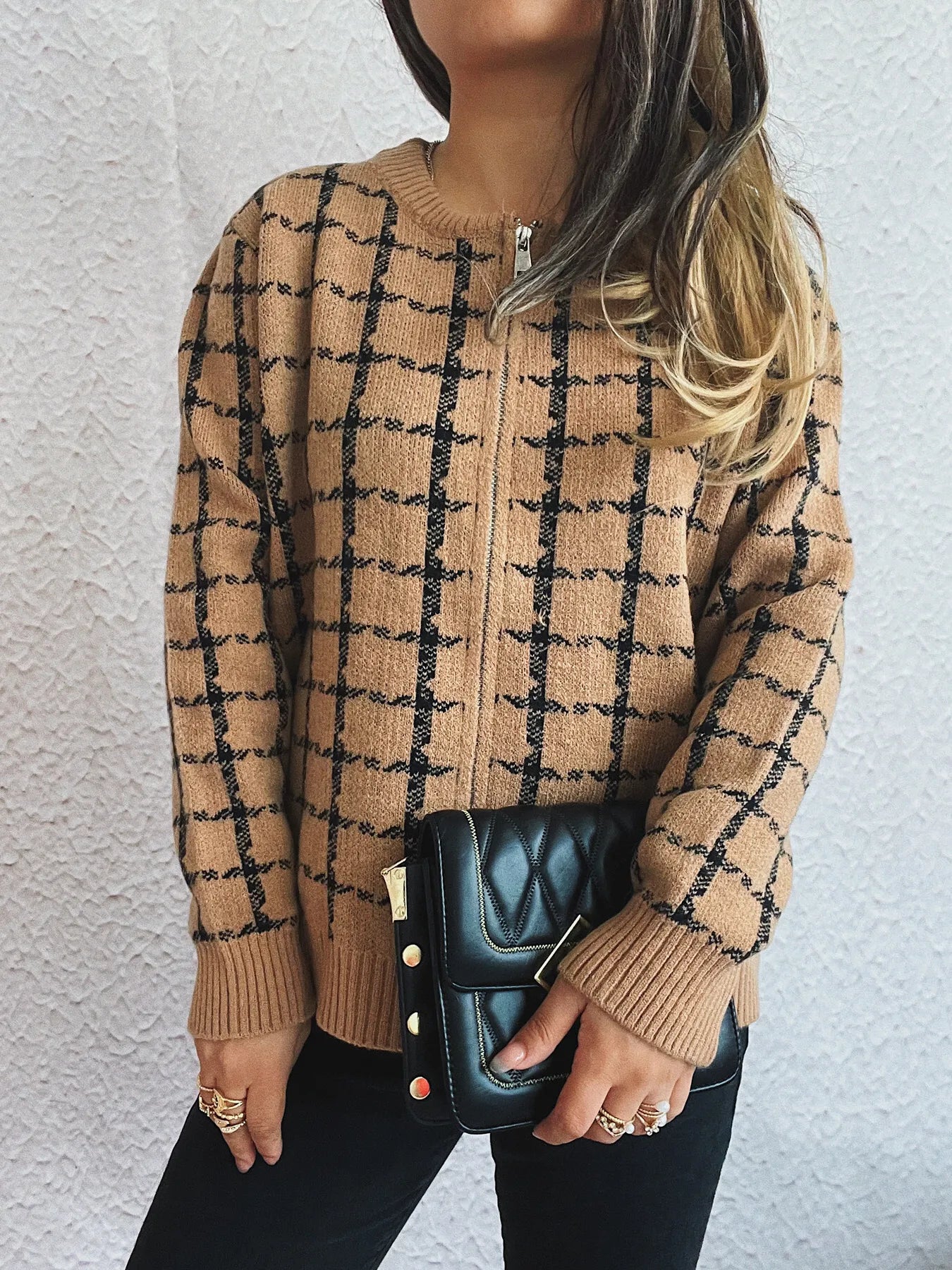 Plaid Pattern Zip Up Cardigan back view — Livostyle