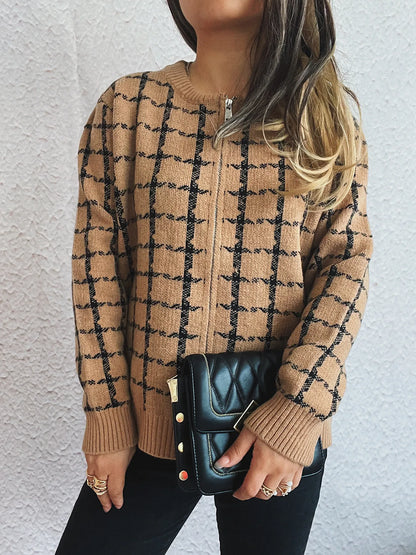 Plaid Pattern Zip Up Cardigan back view — Livostyle
