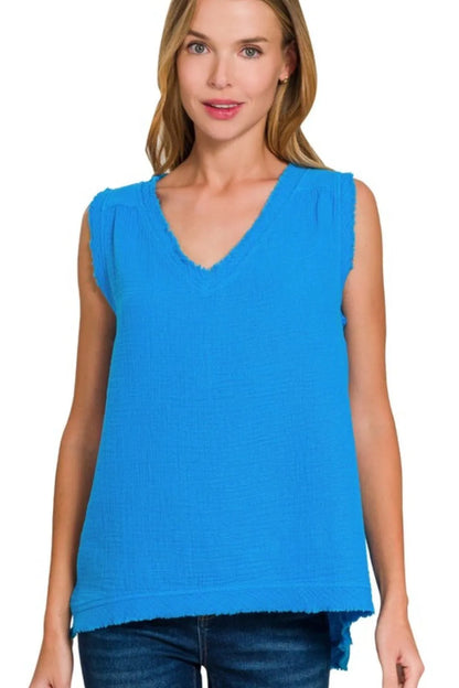Double Gauze Raw Edge V-Neck Tank in Deep Sky — Livostyle