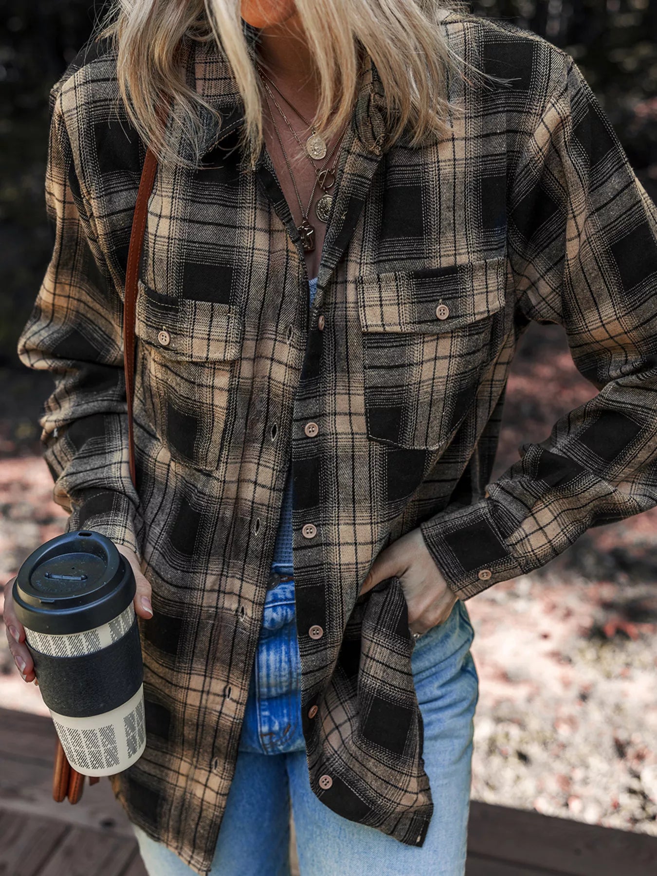 Plaid Double Flap Pocket Brushed Shacket closeup — Livostyle