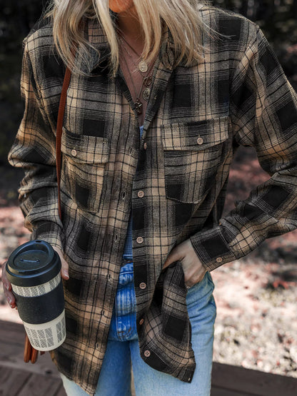Plaid Double Flap Pocket Brushed Shacket closeup — Livostyle
