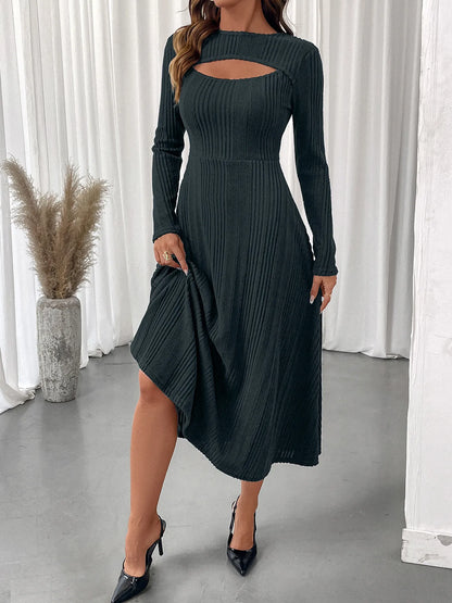 Ribbed Knit Cutout Long Sleeve Midi Dress in Black Forest