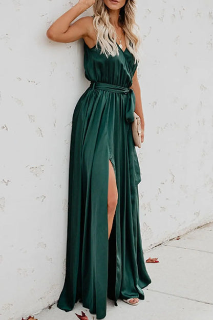 Surplice Tie Waist Maxi Dress in Dark Green