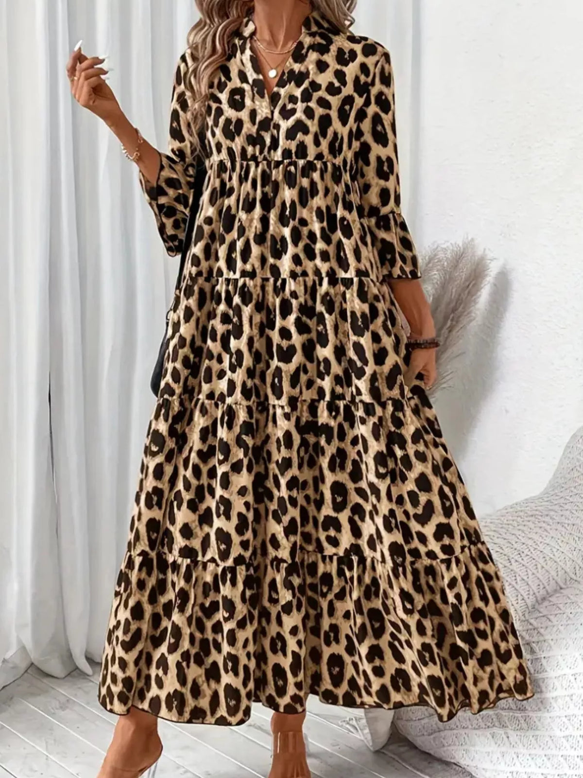 Leopard 3/4 Sleeve Ruched Midi Dress – photo 2