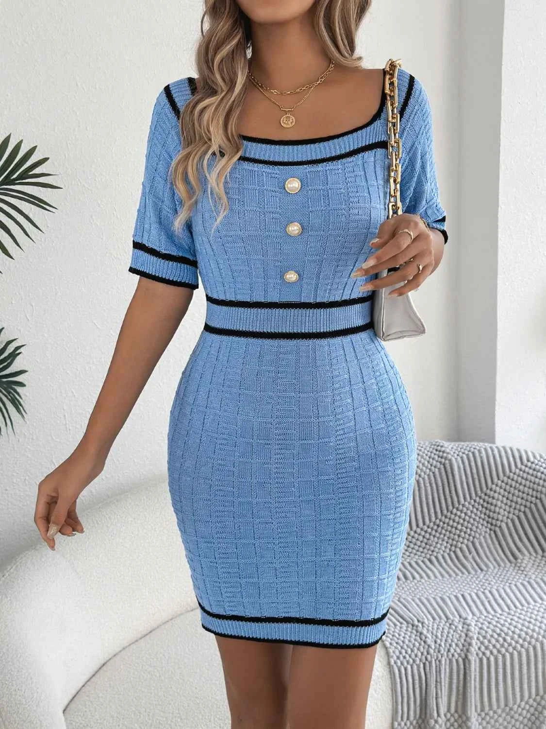 Decorative Button Short Sleeve Sweater Dress