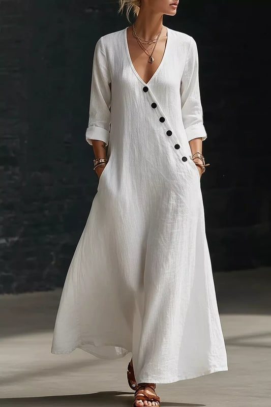 Surplice Long Sleeve Maxi Dress with Pockets in White