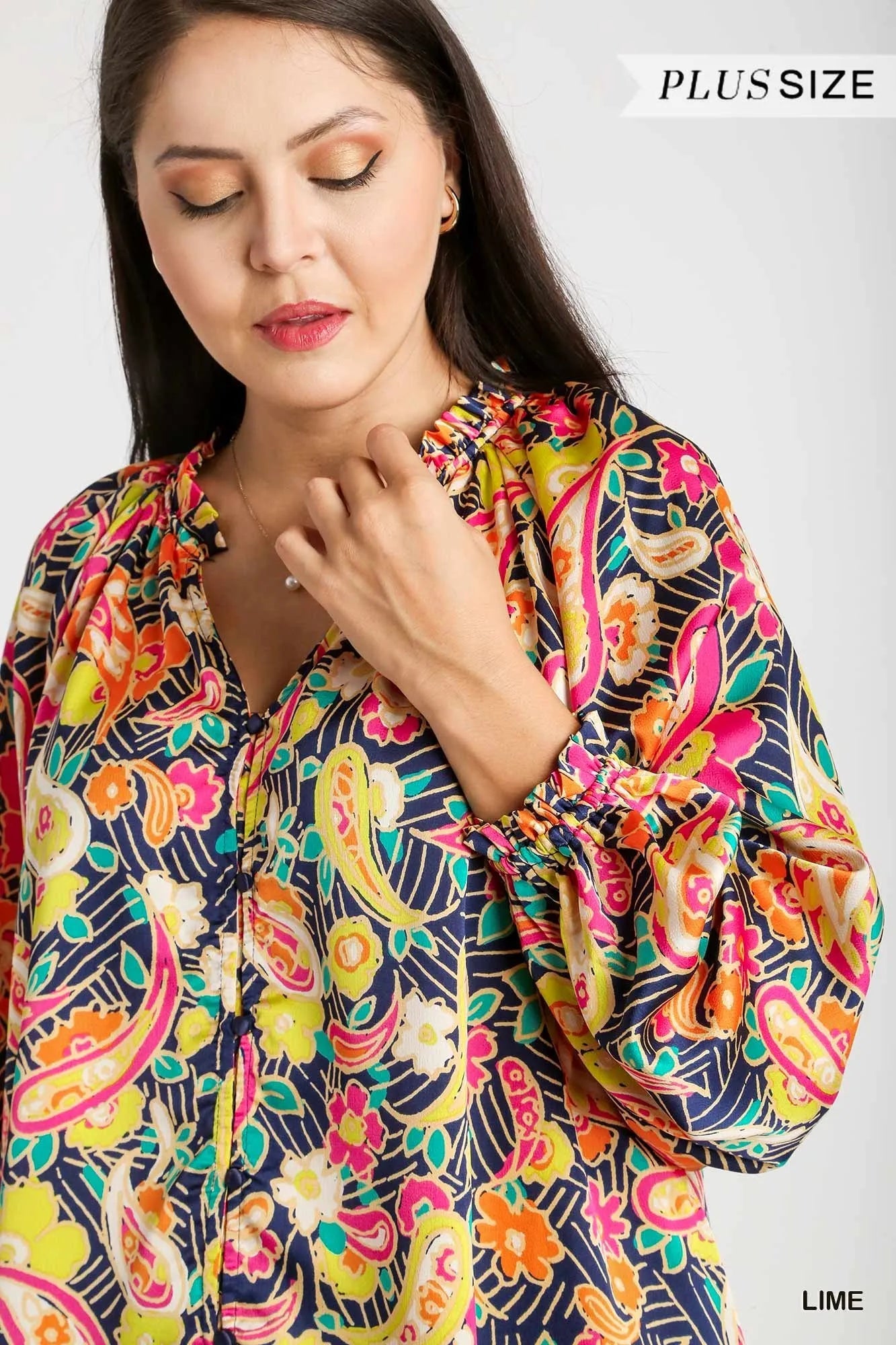 Full Size Satin Paisley Ruffle Neck Button-Up Shirt Plus Size closeup — Livostyle