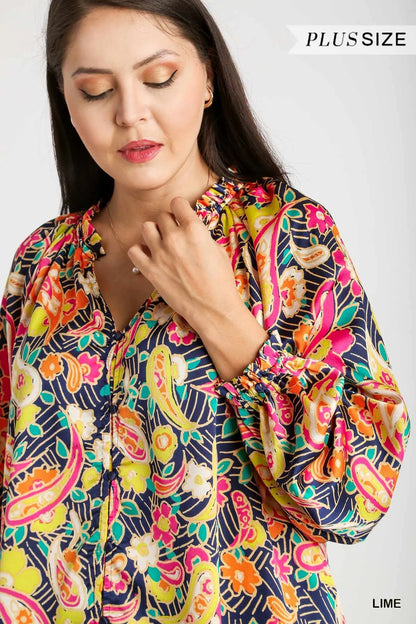 Full Size Satin Paisley Ruffle Neck Button-Up Shirt Plus Size closeup — Livostyle