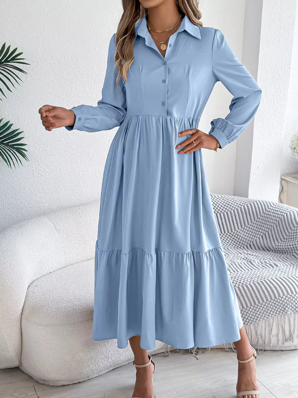 Long Sleeve Tiered Button-Front Midi Dress – photo 10