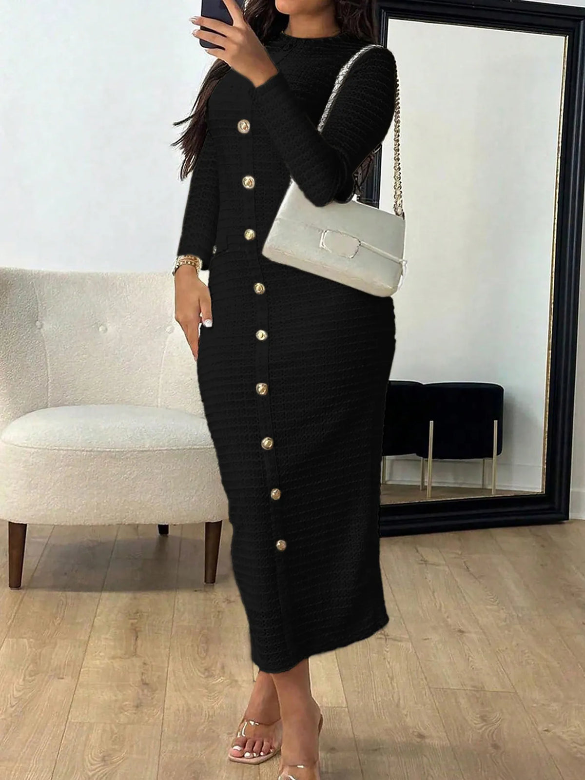 Textured Long Sleeve Midi Dress with Buttons – photo 3