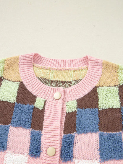 Checkered Pattern Button Front Cardigan closeup — Livostyle