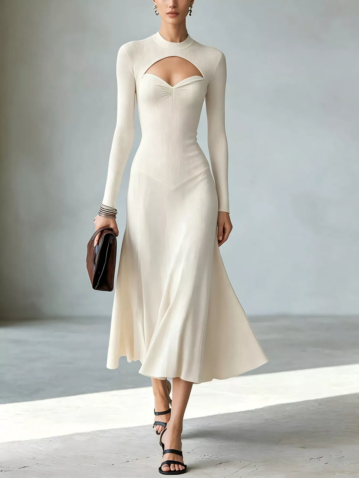 Mock Neck Cut-Out Long Sleeve Midi Dress – Plus Size in White