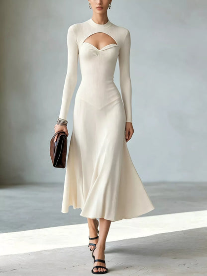 Mock Neck Cut-Out Long Sleeve Midi Dress – Plus Size in White