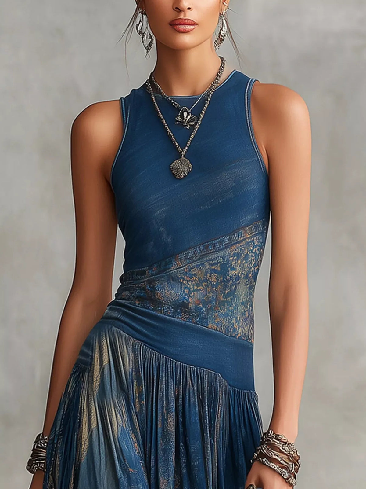 Printed Round Neck Sleeveless Asymmetrical Maxi Dress