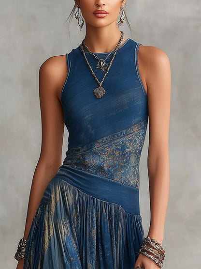 Printed Round Neck Sleeveless Asymmetrical Maxi Dress