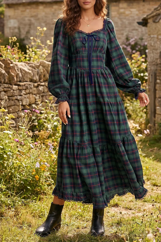 Plaid Tiered Long Sleeve Midi Dress with Tie in Black Forest