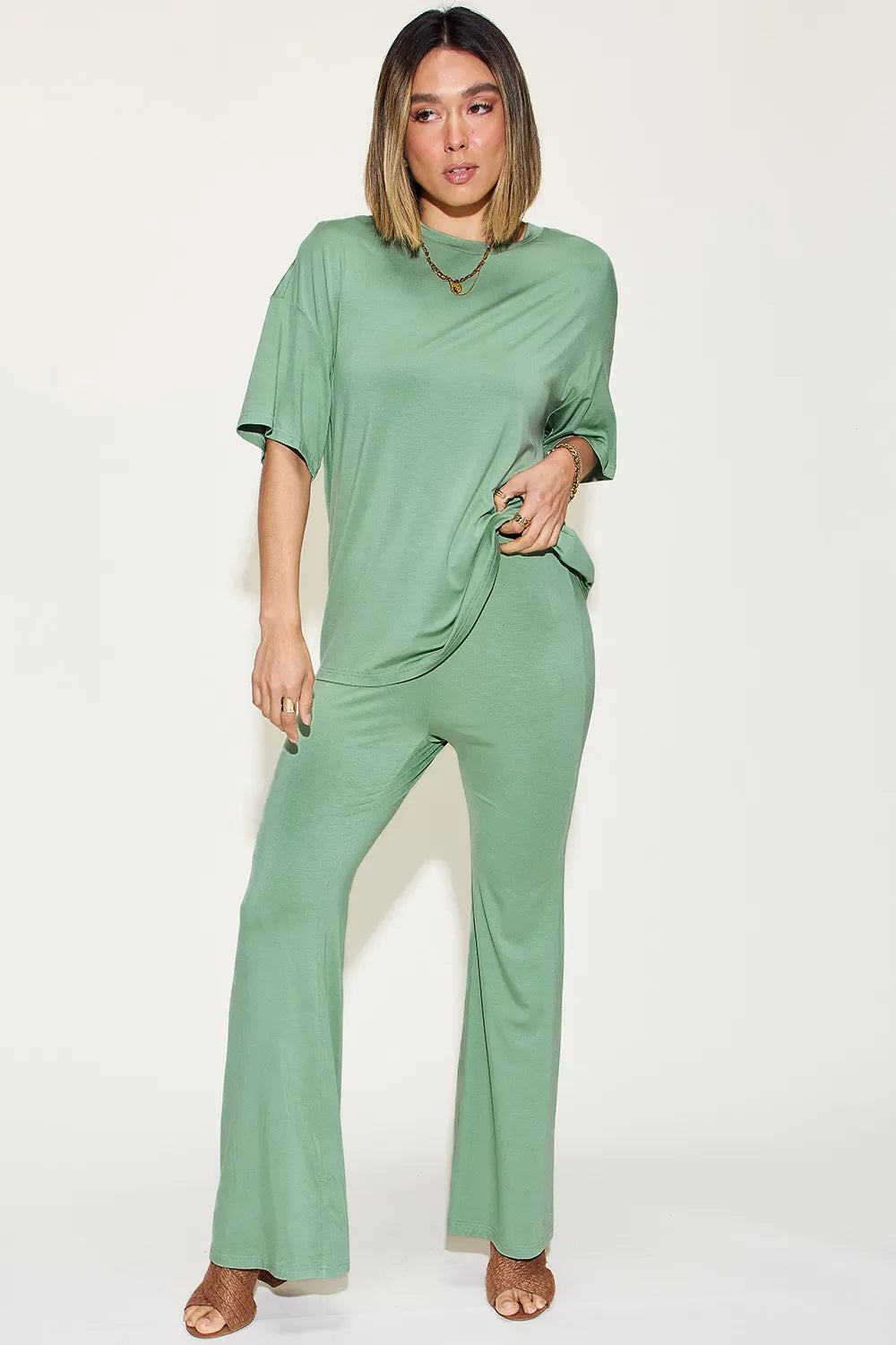 Bamboo Drop Shoulder T-Shirt and Flare Pants Set — Livostyle