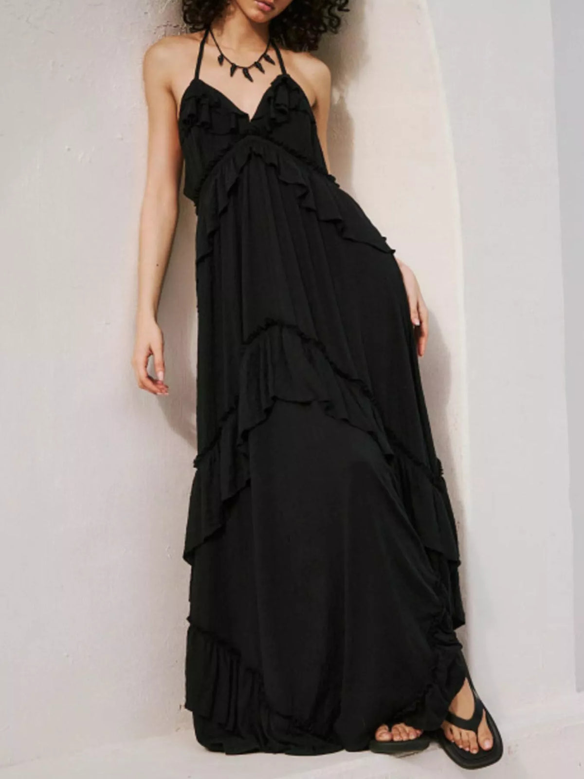 Ruffled Halter Neck Tie Maxi Dress in Black