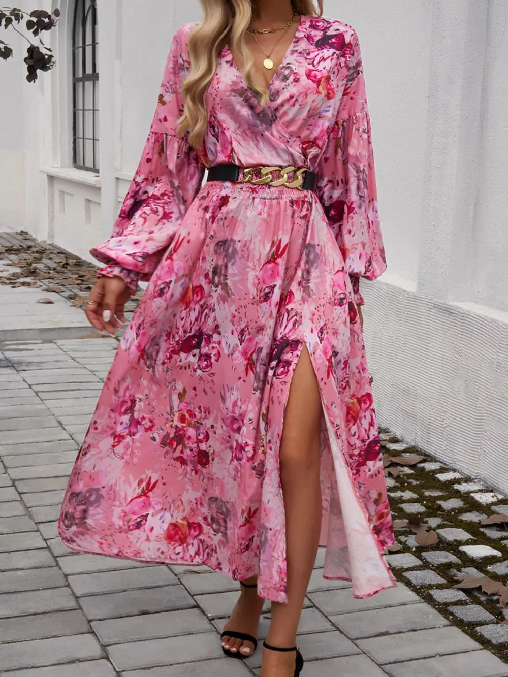 Printed Surplice Long Sleeve Midi Dress with Split Hem in Dusty Pink