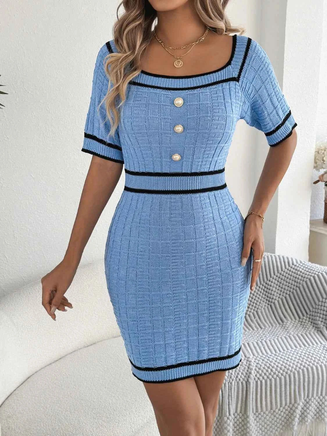 Decorative Button Short Sleeve Sweater Dress