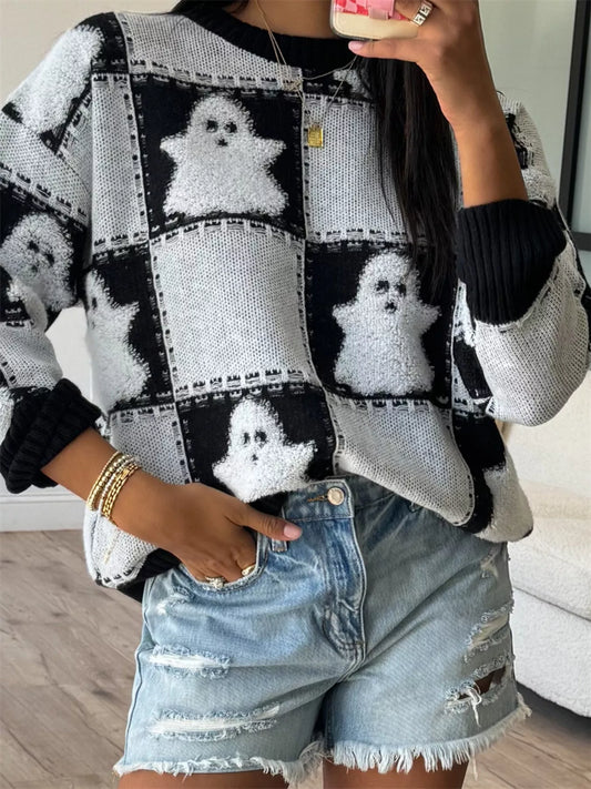 Halloween Ghost Checkered Drop Shoulder Sweater — Livostyle