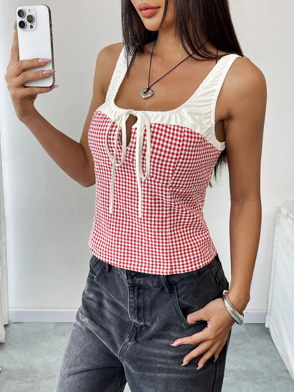Contrast Plaid Square Neck Tank detail — Livostyle