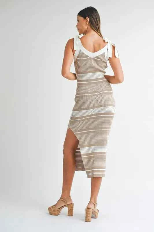 MABLE Striped Rib Knit Midi Dress