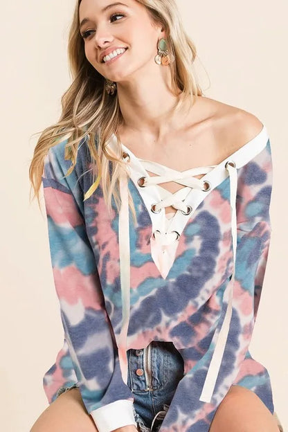 Boho Chic Tie Dye V-neck Top with Stylish Lace-Up Front — Livostyle
