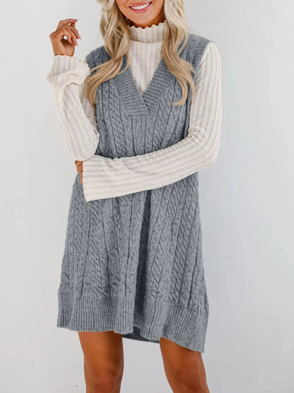Cable Knit V-Neck Mini Sweater Overall Dress in Gray