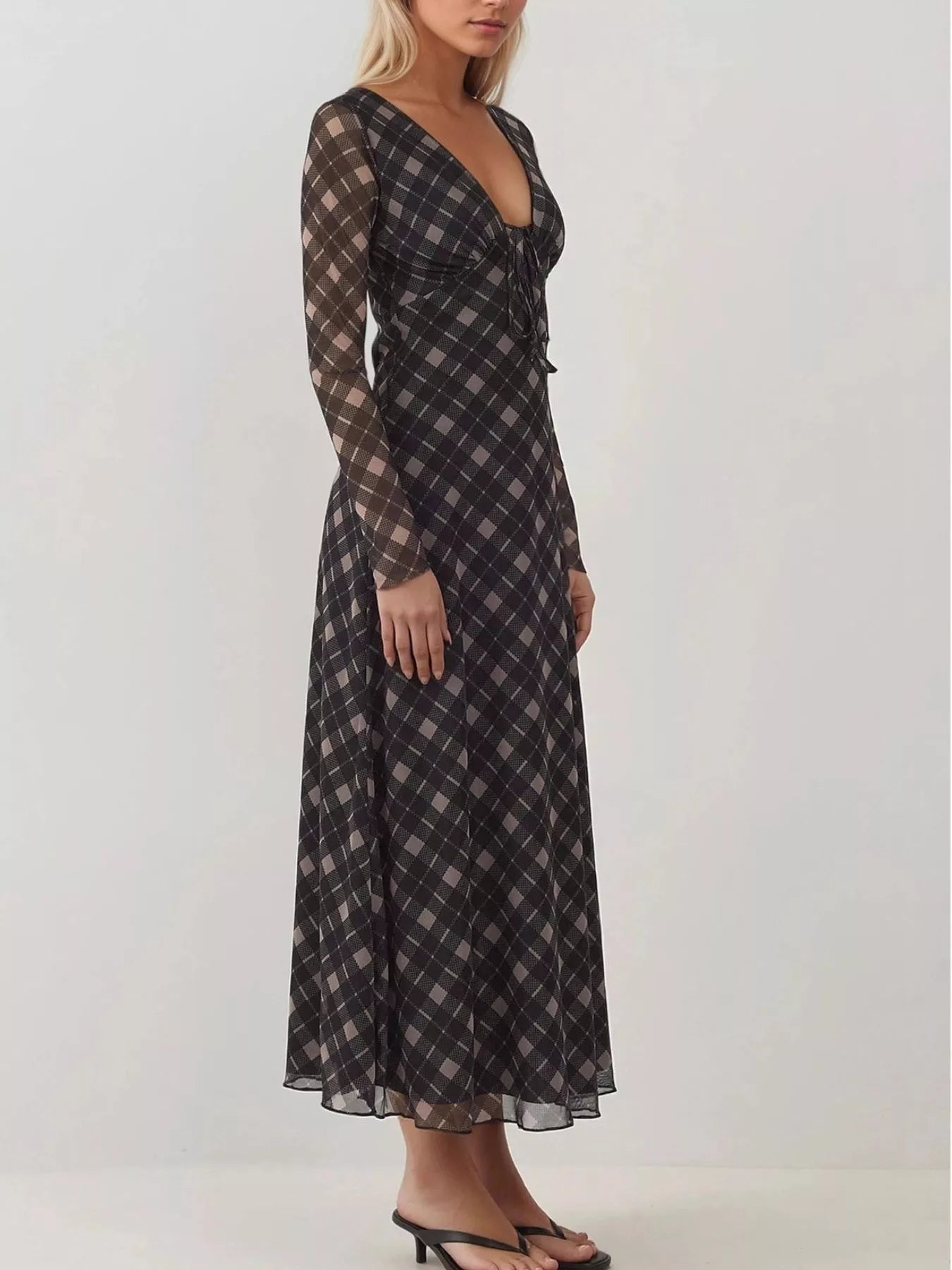 Tie Front Plaid Long Sleeve Dress back view — Livostyle