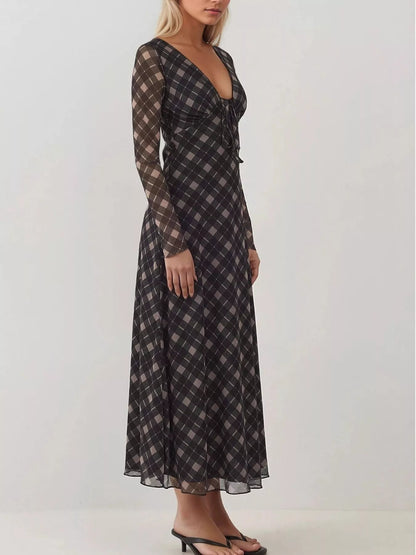 Tie Front Plaid Long Sleeve Dress back view — Livostyle