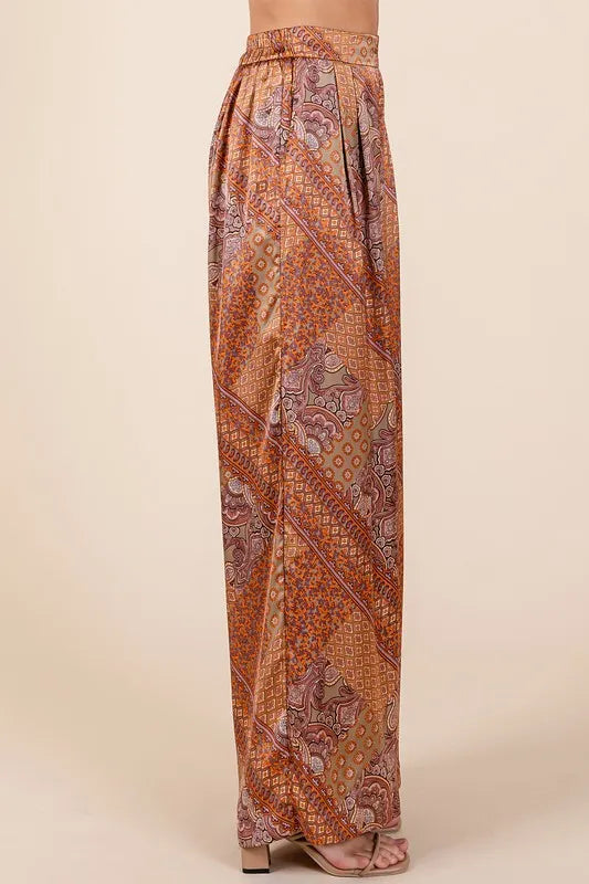 Paisley Patchwork Print Satin Wide Leg Pants detail — Livostyle
