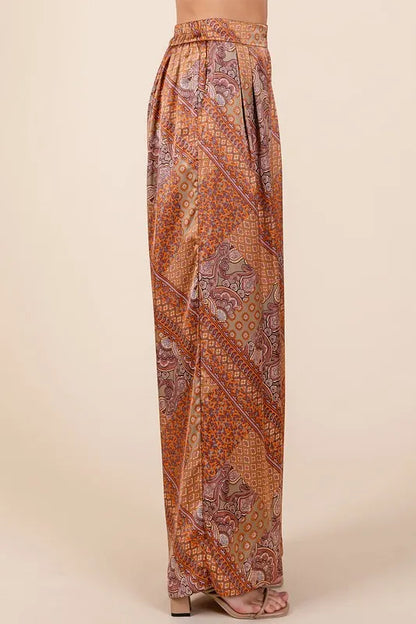 Paisley Patchwork Print Satin Wide Leg Pants detail — Livostyle