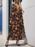 Split Printed Surplice Long Sleeve Midi Dress in Black