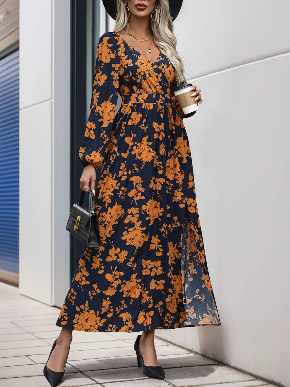 Split Printed Surplice Long Sleeve Midi Dress in Black