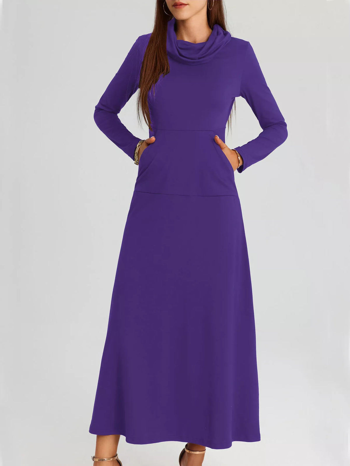 Cowl Neck Long Sleeve Midi Dress with Pockets in Purple