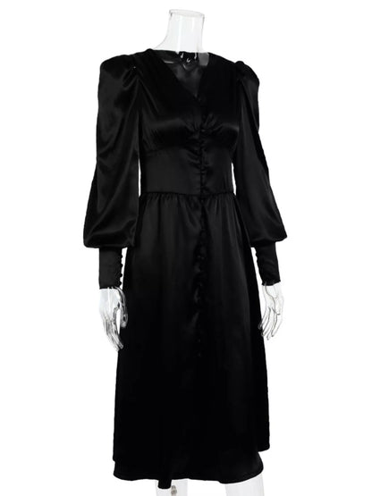 V-Neck Puff Sleeve Button-Down Midi Dress – photo 13