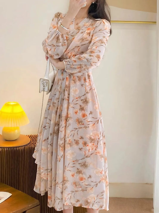Floral Print Long Sleeve Midi Dress in Apricot