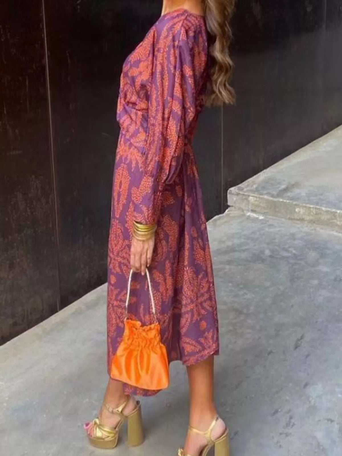 Printed V-Neck Long Sleeve Twisted Midi Dress – Plus Size in Purple