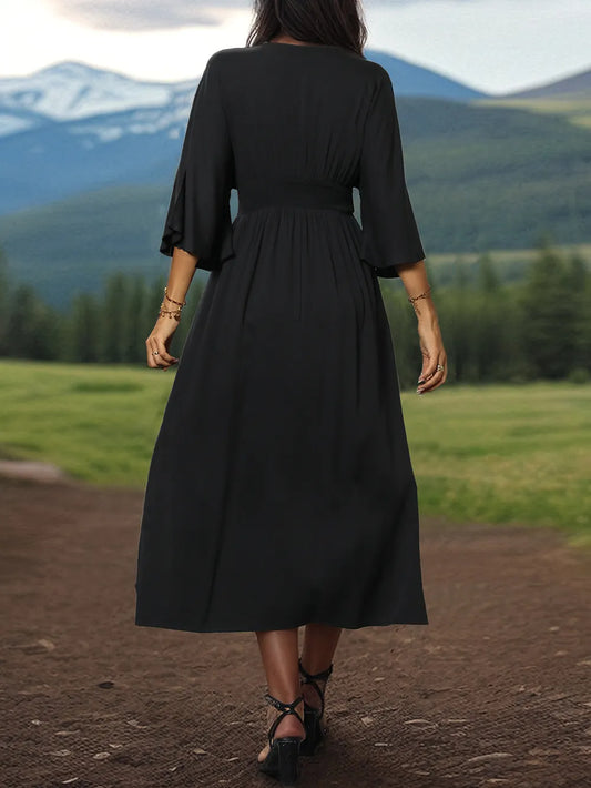 Slit V-Neck Viscose Long Sleeve Midi Dress