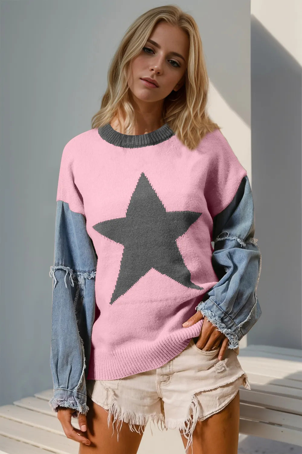 Double Take Full Size Star Pattern Raw Edge Long Sleeve Sweater closeup — Livostyle