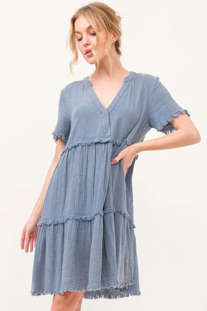 Stylish Washed & Frayed Tiered Dress for Casual Chic — Livostyle