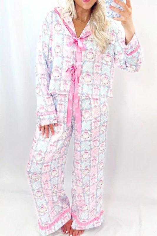 Wreath Pattern Christmas Tied Front Long Sleeve 2pcs Pajama Set — Livostyle